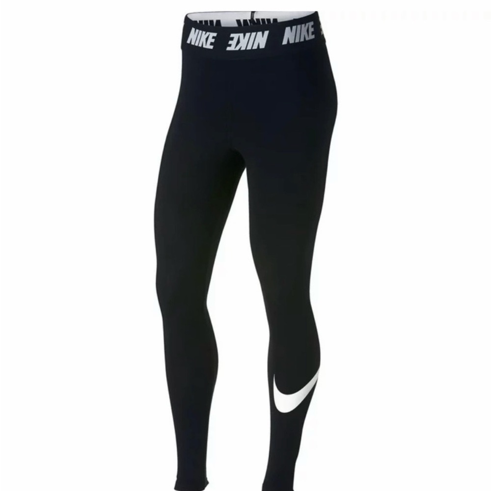 Nike Black Leggings with White Swoosh and Branded Waistband